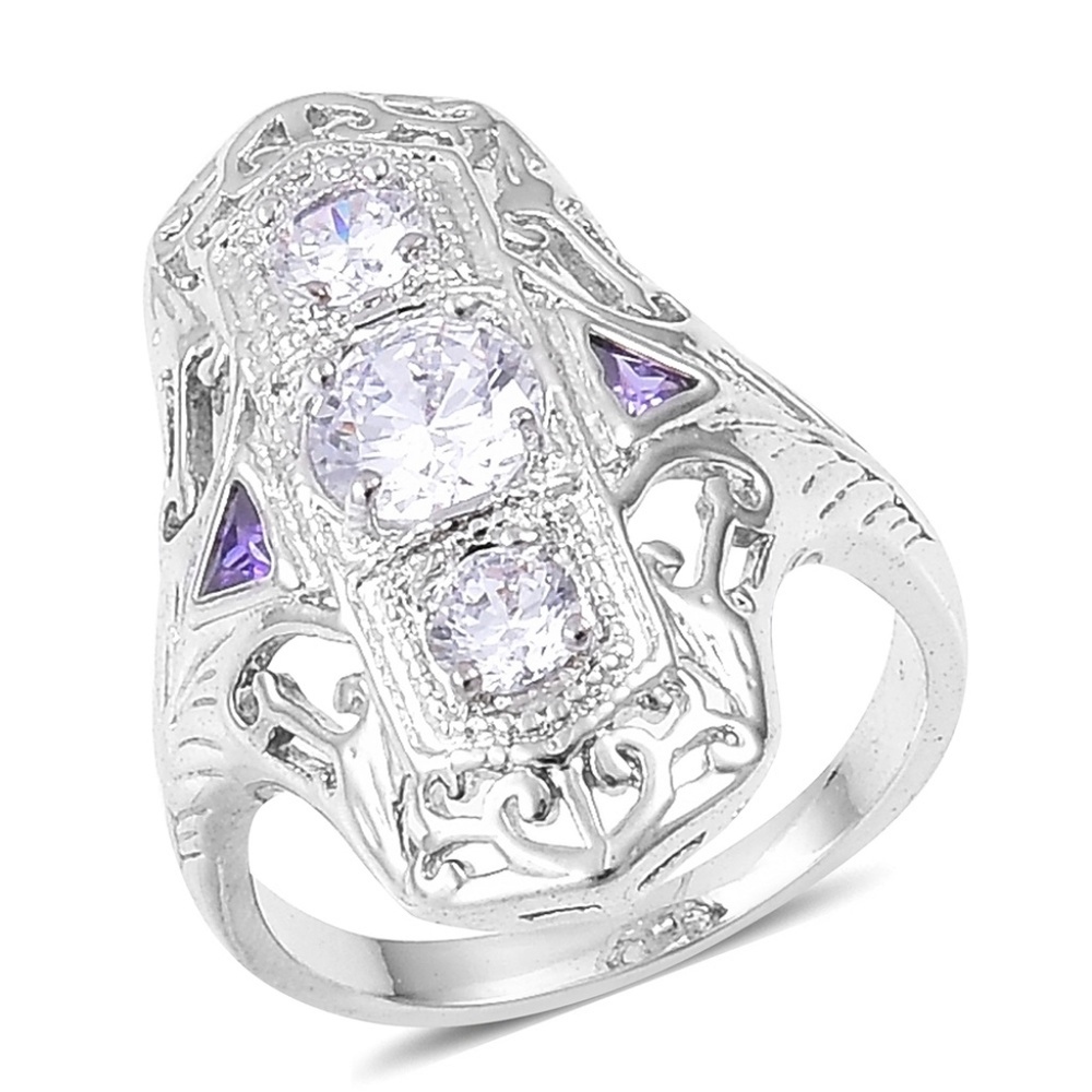 Sim White/Purple Diamond Silvertone Ring NWT